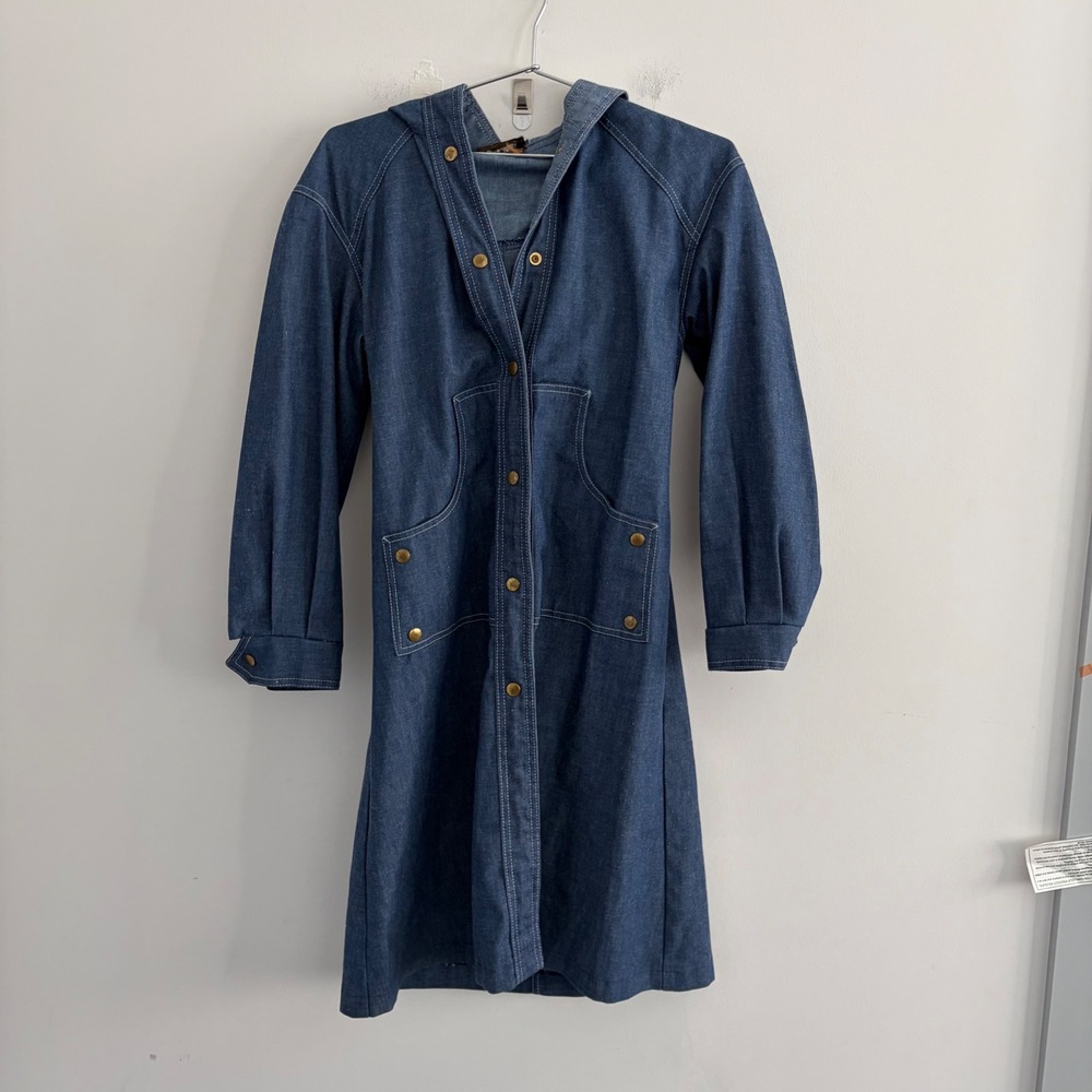 Andy Johns Vintage 70s Denim Hooded Trench Coat Dress Snap Front Blue